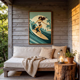 a cozy outdoor setting with a wooden porch, a comfortable sofa, and a framed illustration of a woman surfing on a wave.