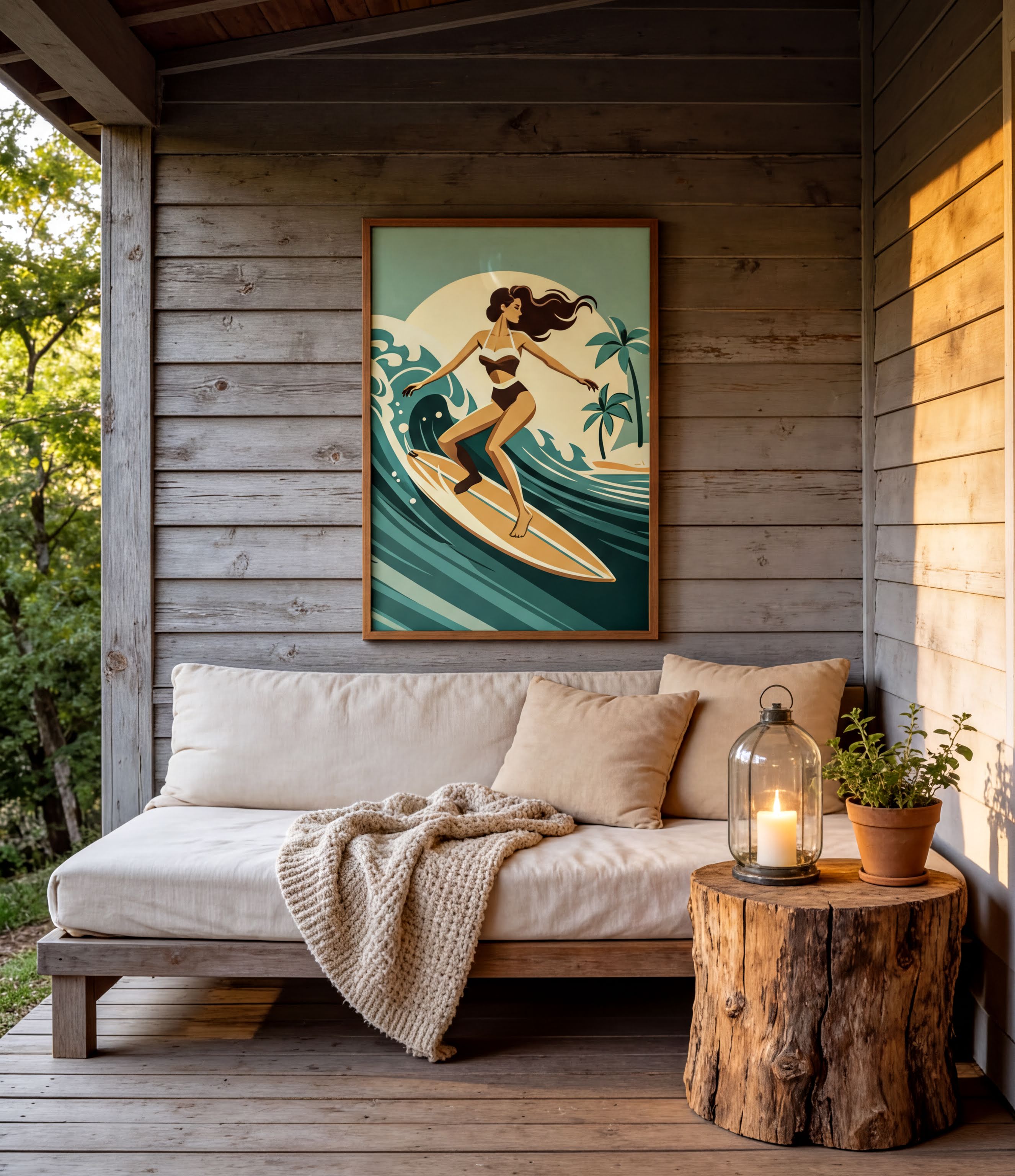 a cozy outdoor setting with a wooden porch, a comfortable sofa, and a framed illustration of a woman surfing on a wave.