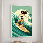 A woman in a bikini is surfing on a wave in a vibrant, colorful illustration.