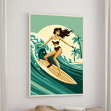 A woman in a bikini is surfing on a wave in a vibrant, colorful illustration.