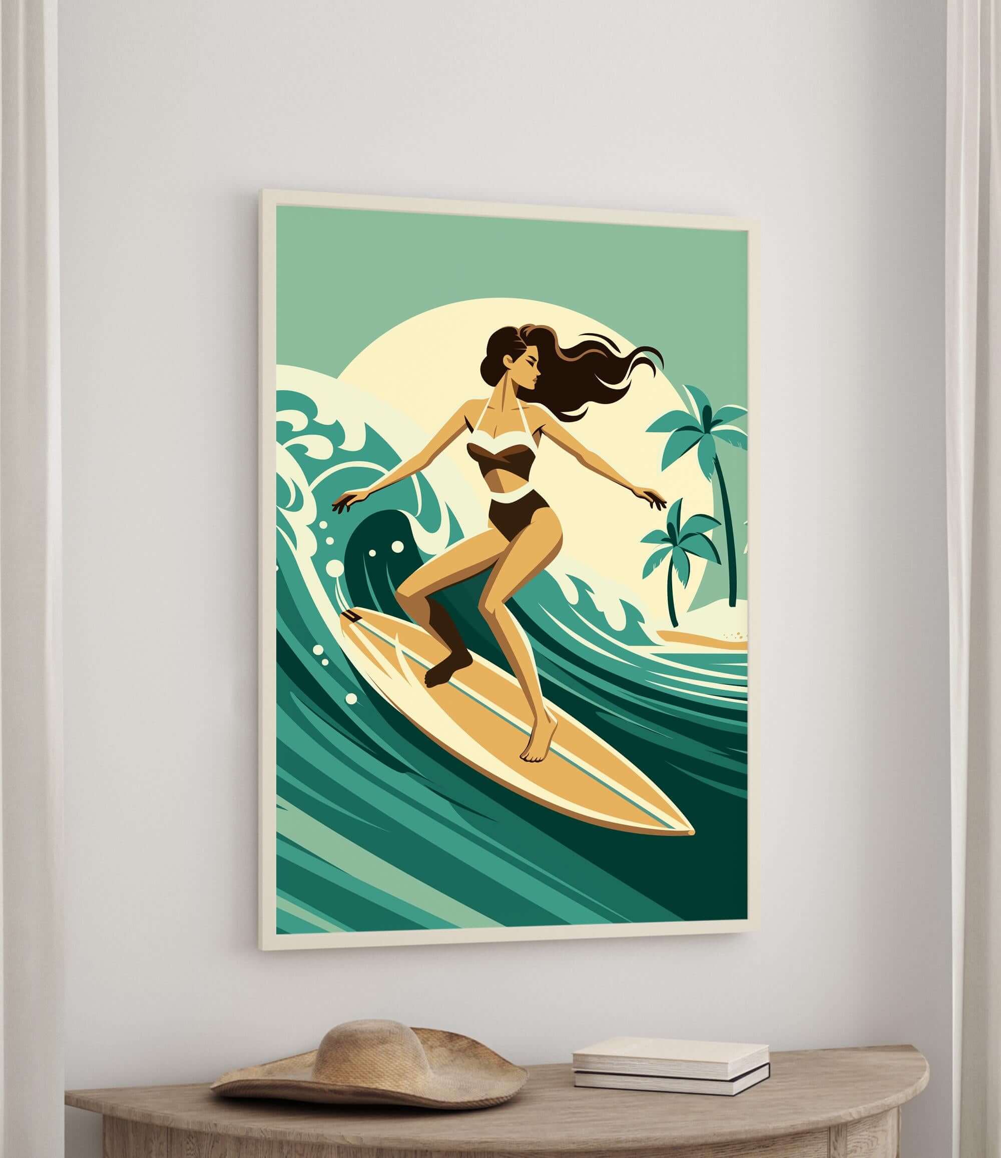 A woman in a bikini is surfing on a wave in a vibrant, colorful illustration.