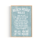 Beach House Rules Sign, Painted Wood, Tide—features white coastal rules on a blue background in a wooden frame; perfect wall art for relaxing beach house decor.