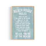 Beach House Rules Sign, Painted Wood, Tide—features white coastal rules on a blue background in a wooden frame; perfect wall art for relaxing beach house decor.