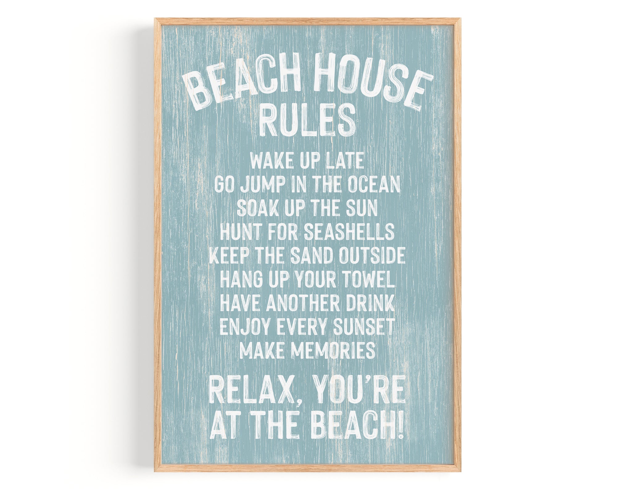 Beach House Rules Sign, Painted Wood, Tide—features white coastal rules on a blue background in a wooden frame; perfect wall art for relaxing beach house decor.