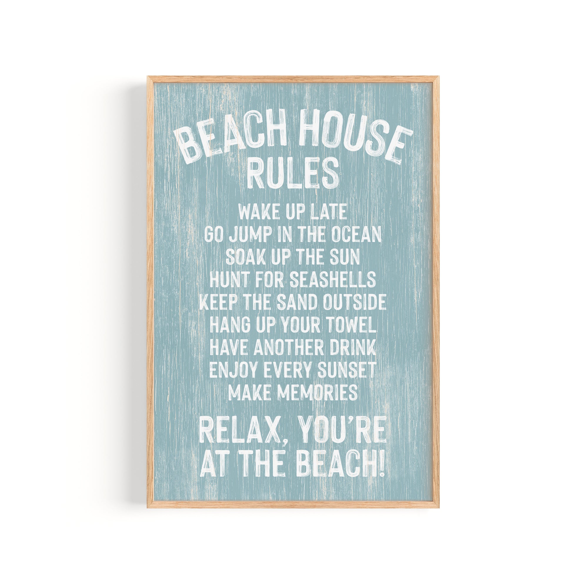 Beach House Rules Sign, Painted Wood, Tide—features white coastal rules on a blue background in a wooden frame; perfect wall art for relaxing beach house decor.