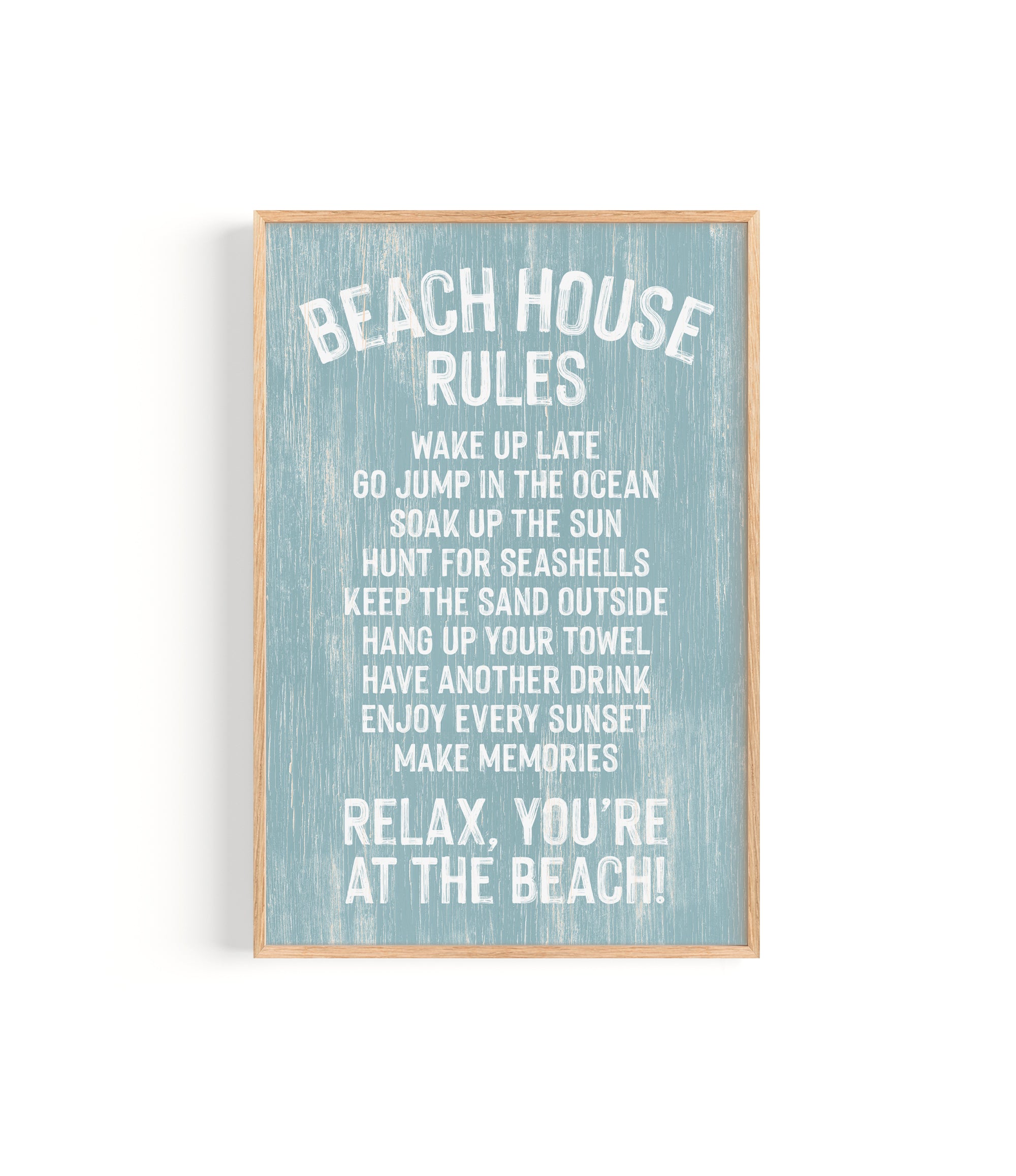 Beach House Rules Sign, Painted Wood, Tide—features white coastal rules on a blue background in a wooden frame; perfect wall art for relaxing beach house decor.