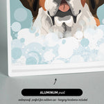 The image is an illustration of a dog's face with bubbles surrounding it, and it is an "ALUMINUM print" that is waterproof and perfect for outdoor use, as well as including hanging hardware.