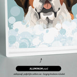 The image is an illustration of a dog's face with bubbles surrounding it, and it is an "ALUMINUM print" that is waterproof and perfect for outdoor use, as well as including hanging hardware.