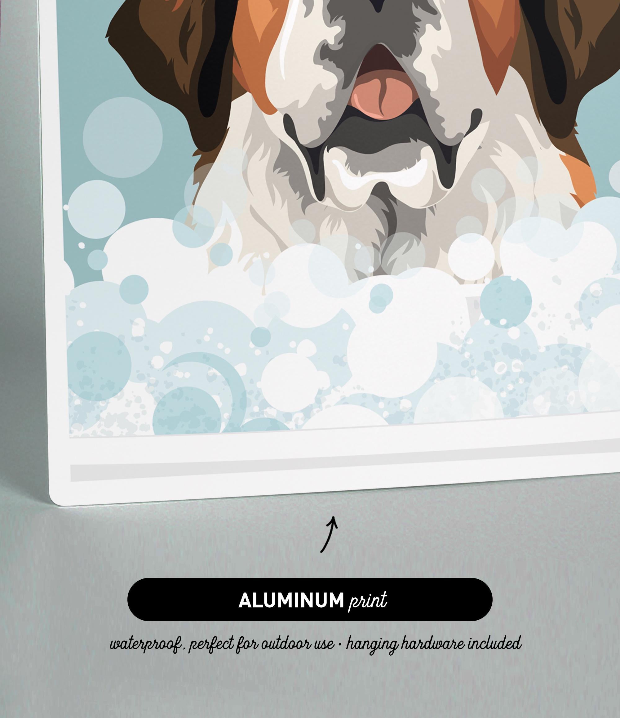 The image is an illustration of a dog's face with bubbles surrounding it, and it is an "ALUMINUM print" that is waterproof and perfect for outdoor use, as well as including hanging hardware.