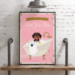 A framed poster with a dog sitting in a bathtub filled with bubbles, accompanied by the text "Please don't forget to wash your paws".
