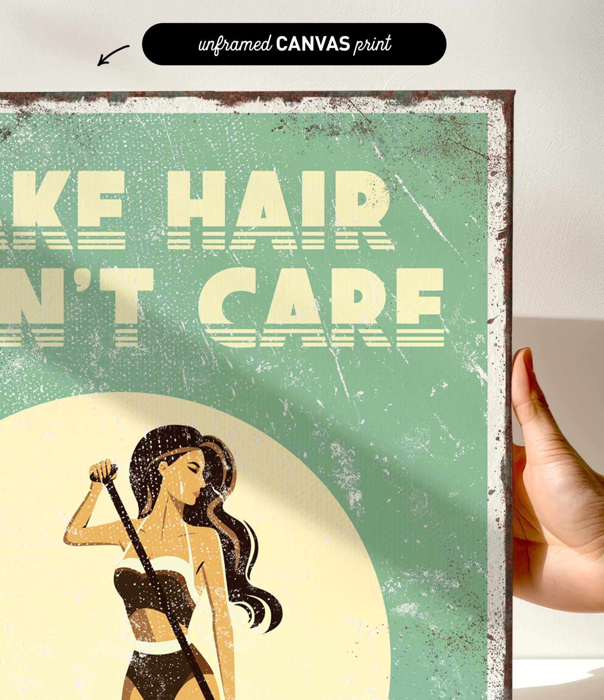 The image is a vintage-style poster with a woman in a bathing suit, holding a towel, and the text "HAIR, N'T CARE" prominently displayed.