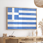 a blue and white flag hanging on a wall