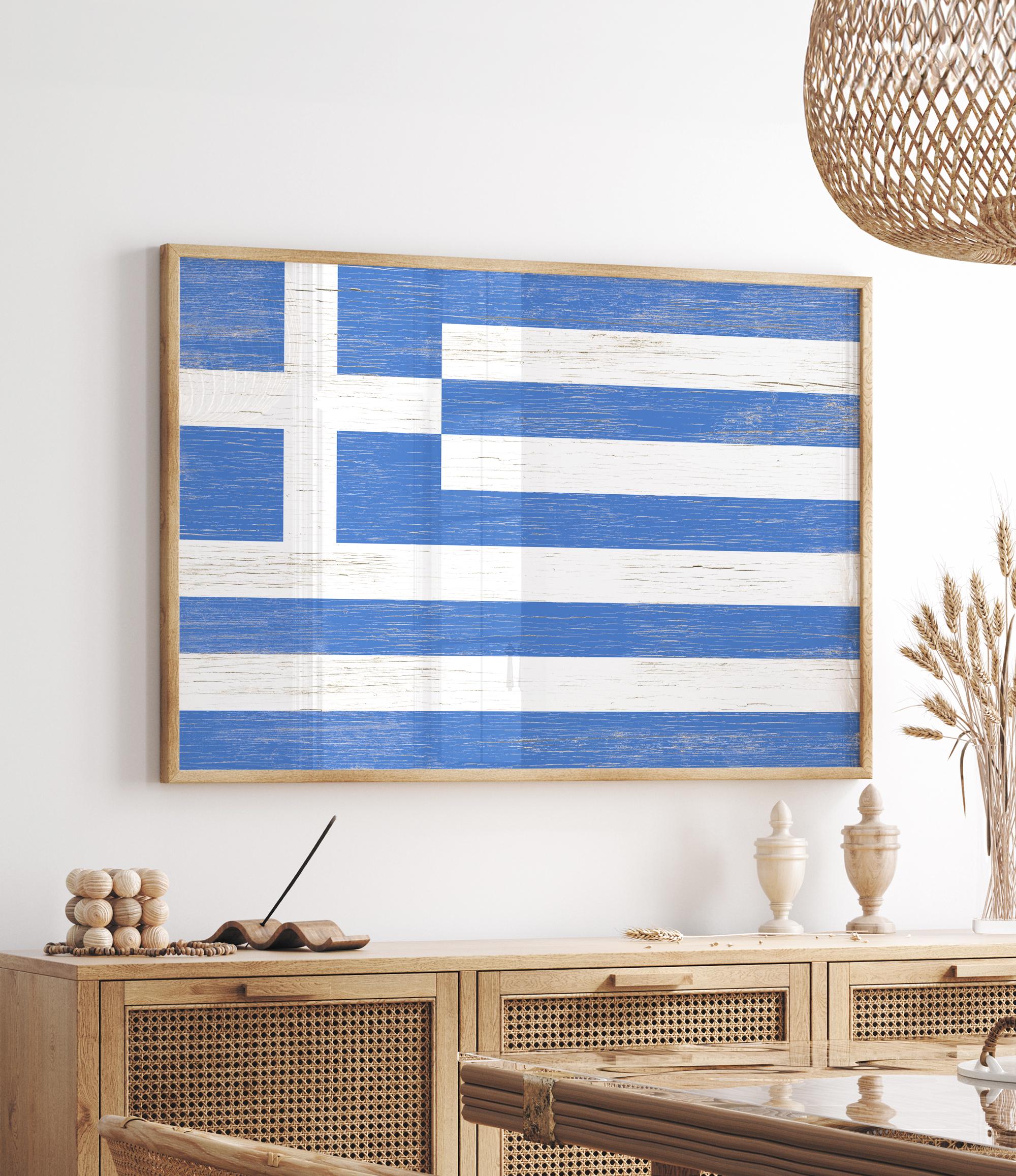 a blue and white flag hanging on a wall