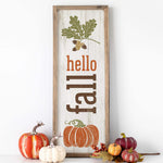 a wooden sign that says hello fall with pumpkins and acorns