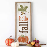a wooden sign that says hello fall with pumpkins and acorns