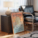 a framed sign with beach rules, placed on a wooden floor next to a black leather chair.