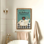 a bath room with a bath tub and a poster