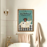 a bath room with a bath tub and a poster