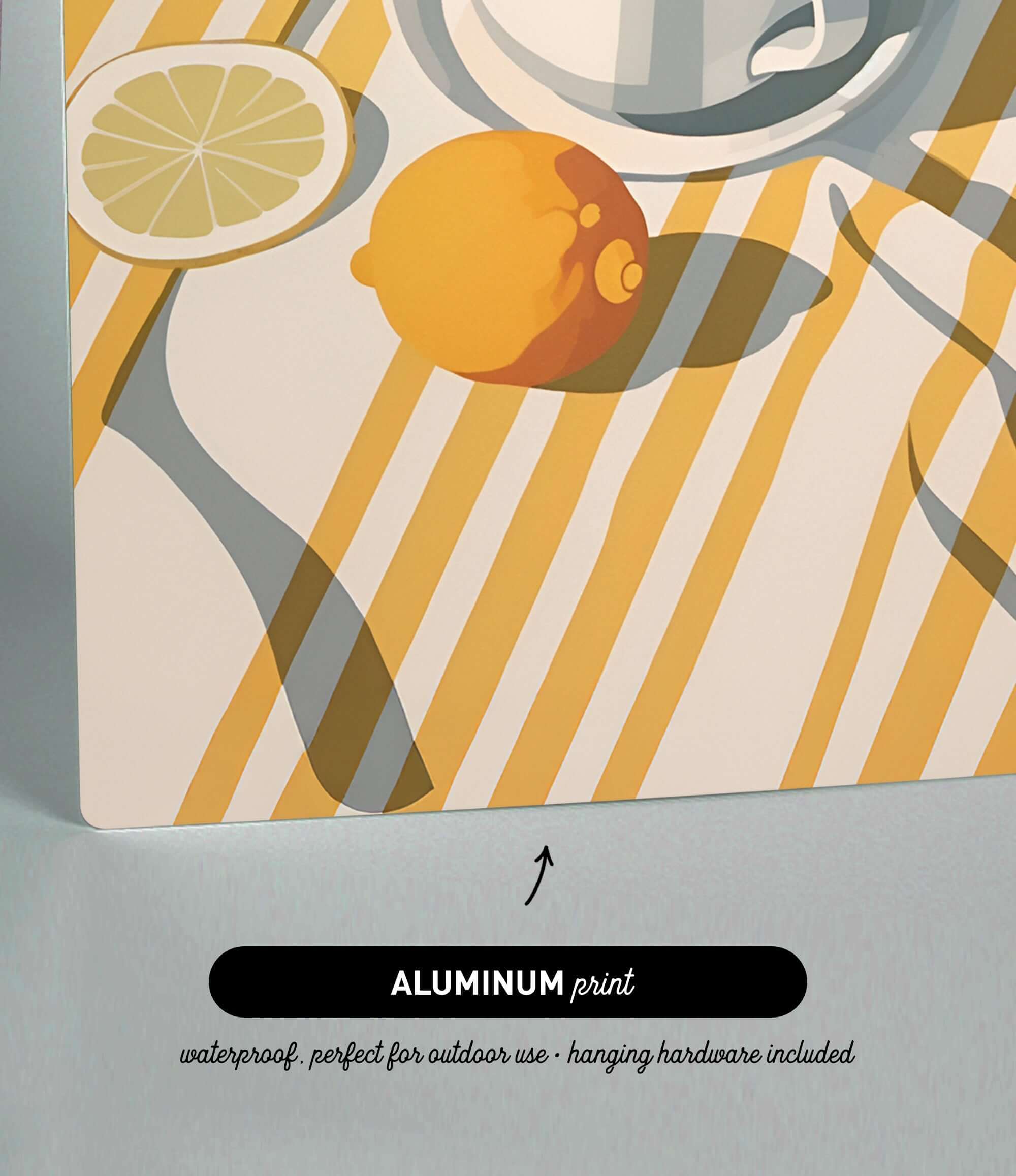 The image is an aluminum print featuring a lemon and a slice of orange on a striped background.