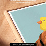 a vibrant, cartoonish illustration of a yellow bird with a brown beak, set against a light blue background. The bird is surrounded by a wooden frame, and the image is described as a "Canvas print" with a "Natural frame" caption.