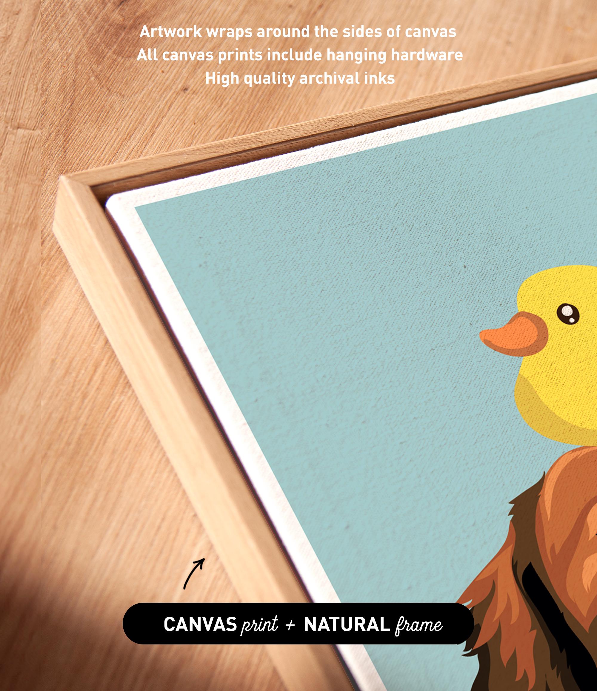 a vibrant, cartoonish illustration of a yellow bird with a brown beak, set against a light blue background. The bird is surrounded by a wooden frame, and the image is described as a "Canvas print" with a "Natural frame" caption.