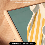 a close-up view of a framed artwork with a vibrant green and yellow striped design. The artwork is wrapped around the sides of the canvas, and the text indicates that all canvas prints include hanging hardware and high-quality archival inks.