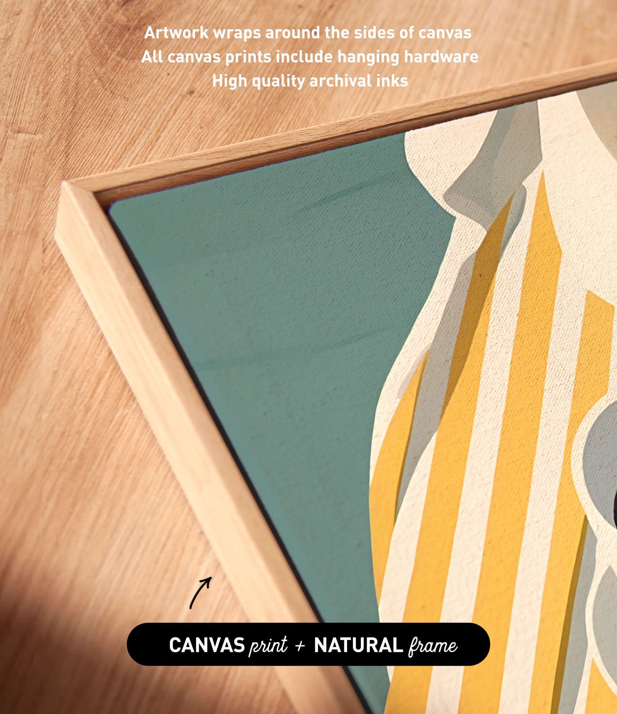 a close-up view of a framed artwork with a vibrant green and yellow striped design. The artwork is wrapped around the sides of the canvas, and the text indicates that all canvas prints include hanging hardware and high-quality archival inks.