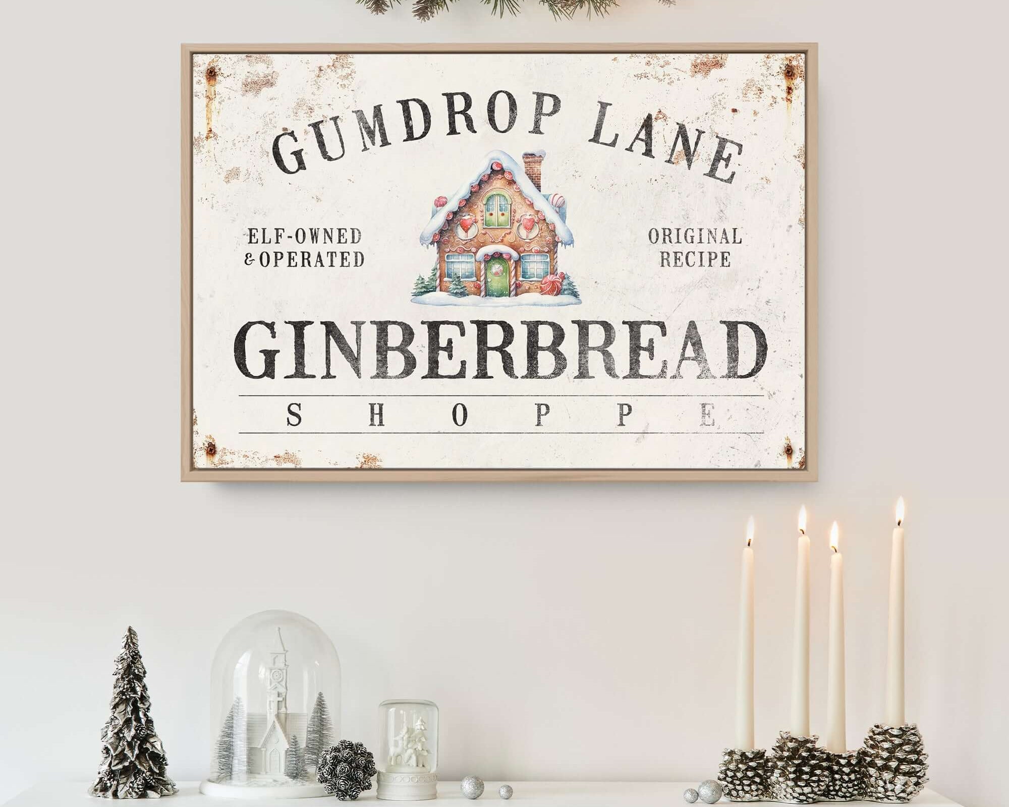 a fireplace with a sign that says gumdrop lane