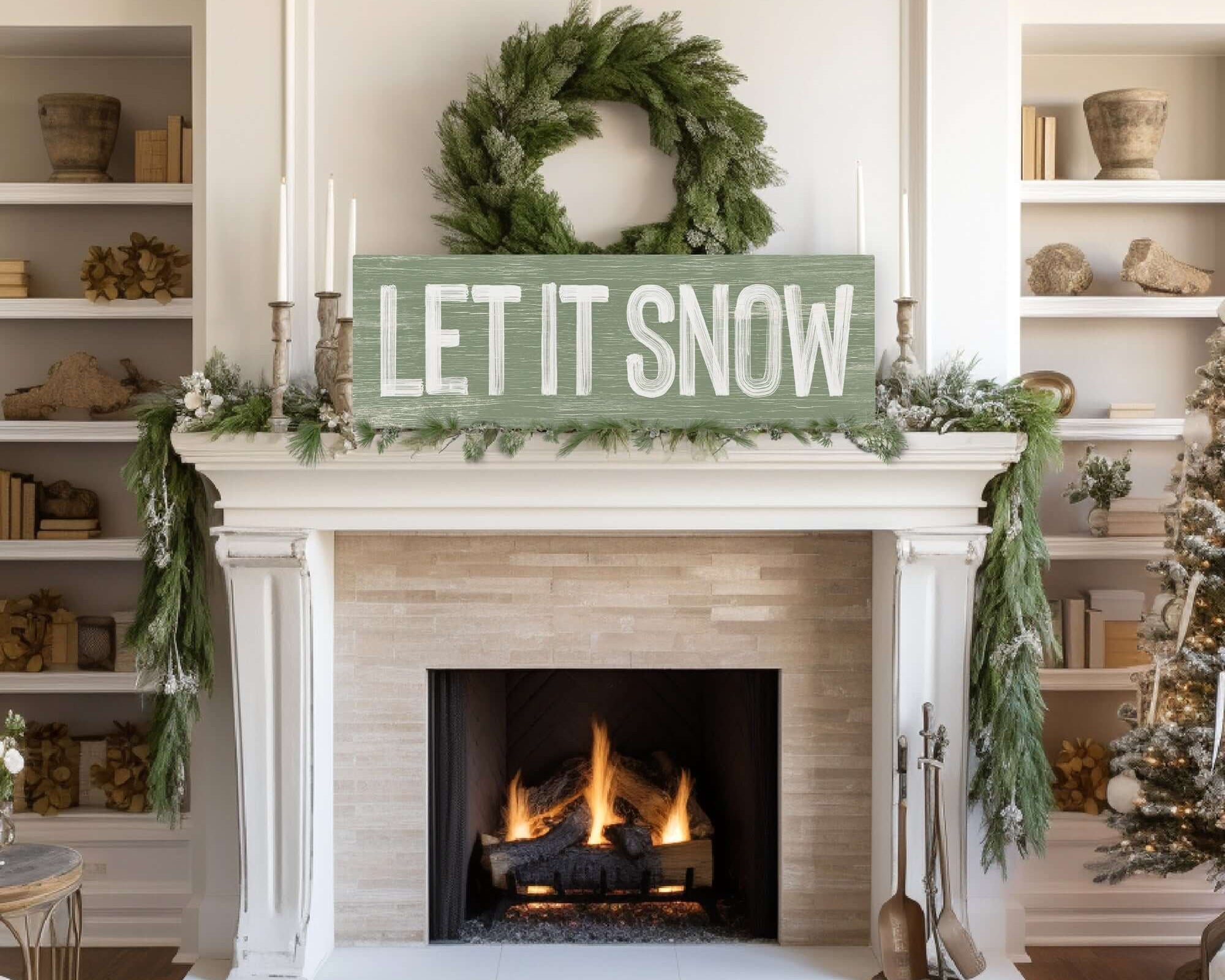 a living room with a fireplace decorated for christmas