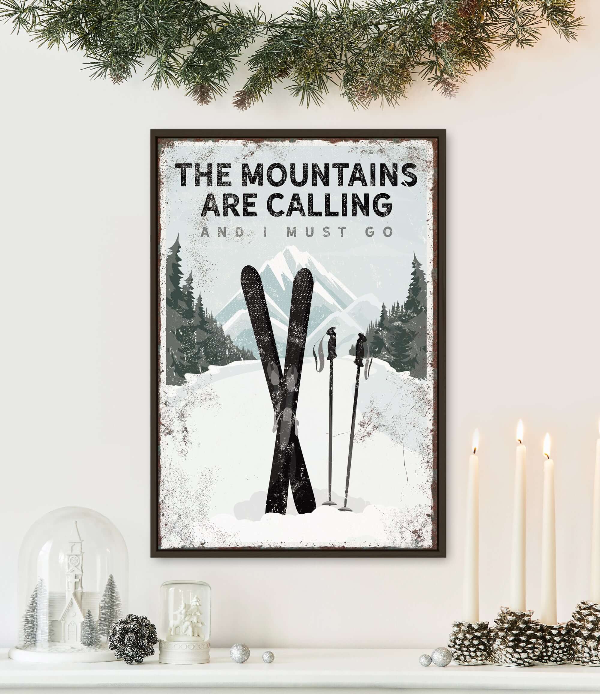 a poster of a pair of skis on a mantle