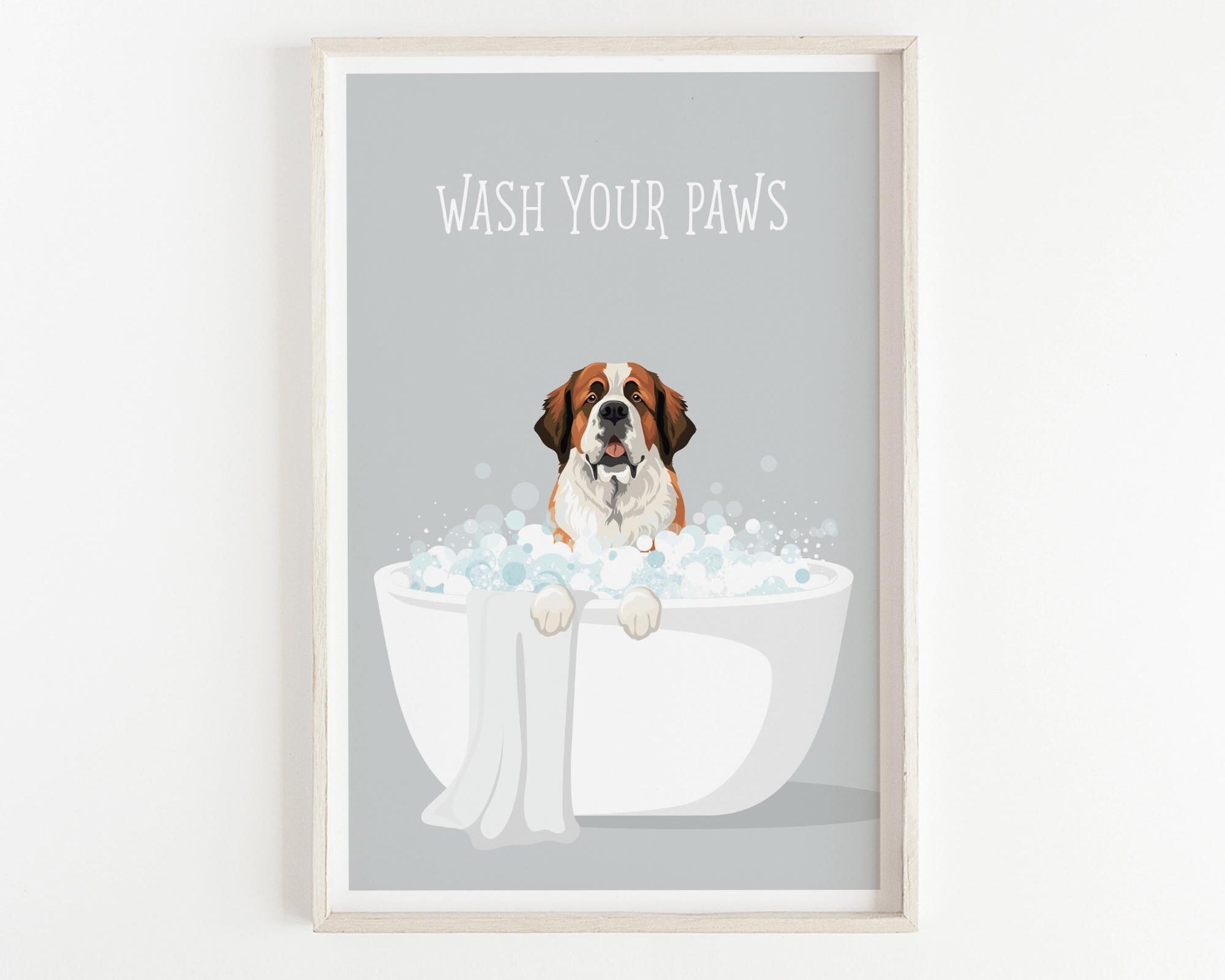 A framed illustration of a dog sitting in a bathtub filled with bubbles, with the text "WASH YOUR PAWS" displayed above it.