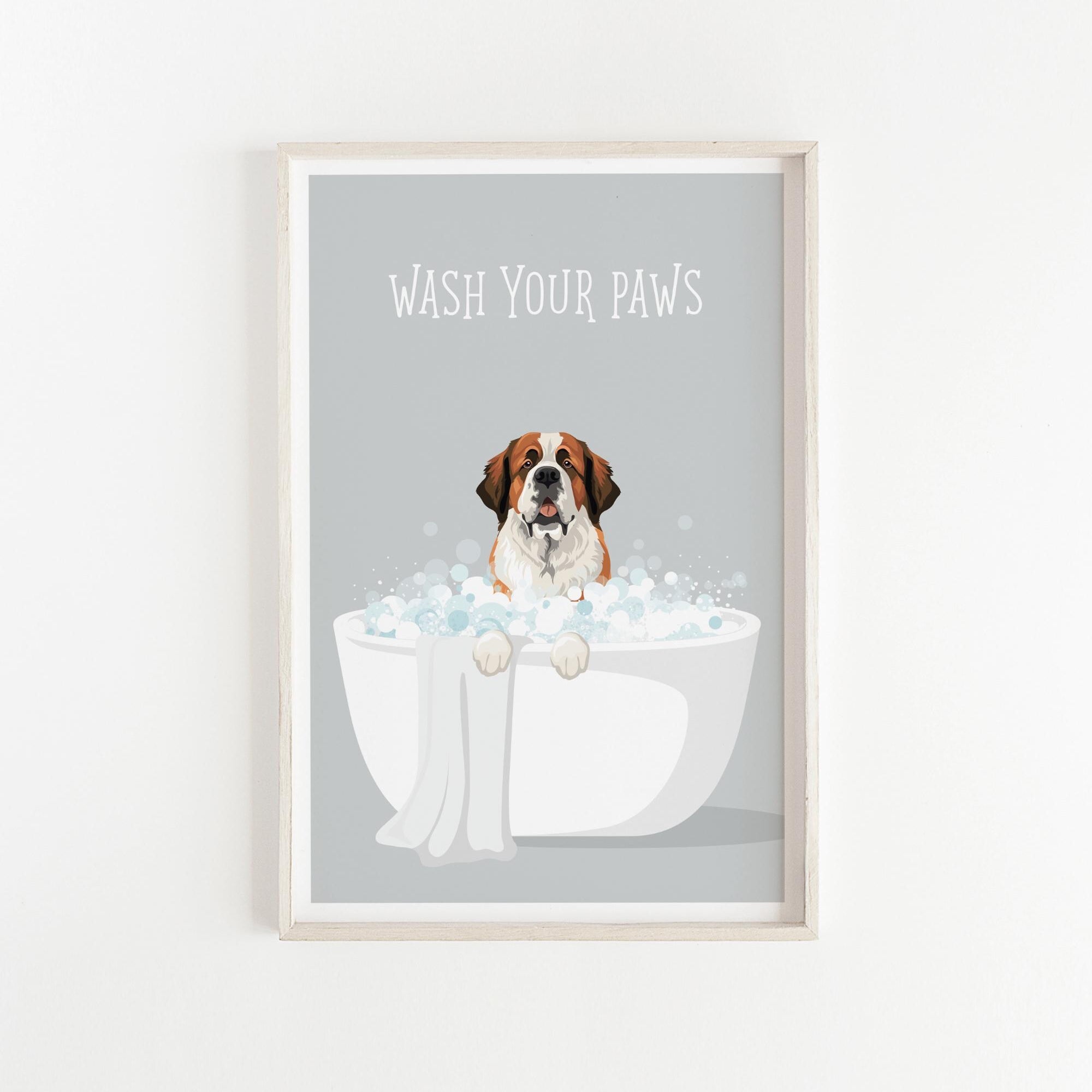 A framed illustration of a dog sitting in a bathtub filled with bubbles, with the text "WASH YOUR PAWS" displayed above it.