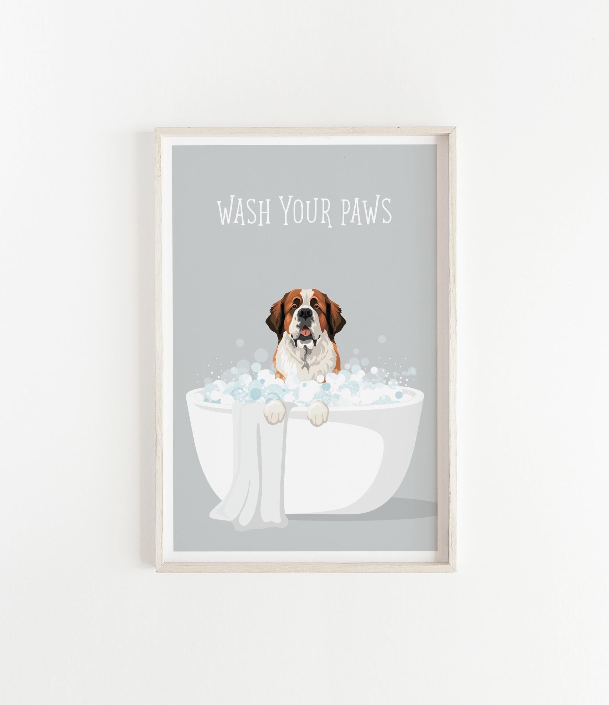 A framed illustration of a dog sitting in a bathtub filled with bubbles, with the text "WASH YOUR PAWS" displayed above it.