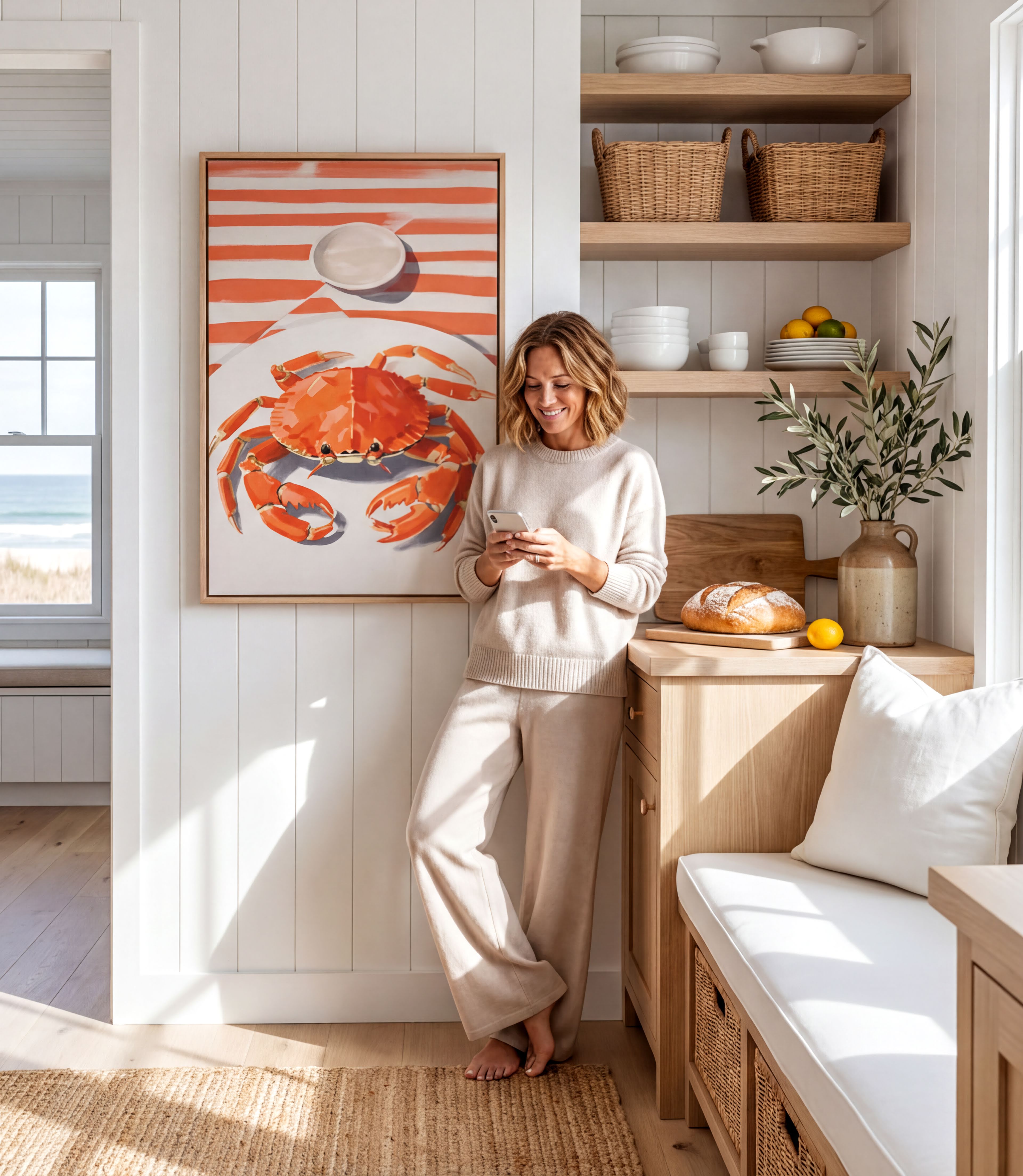 A woman in a beige outfit is leaning against a wall, looking at her phone in a bright and airy kitchen with a large painting of a crab on the wall.