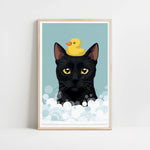 A framed illustration of a black cat with a yellow rubber duck perched on its head, surrounded by bubbles.