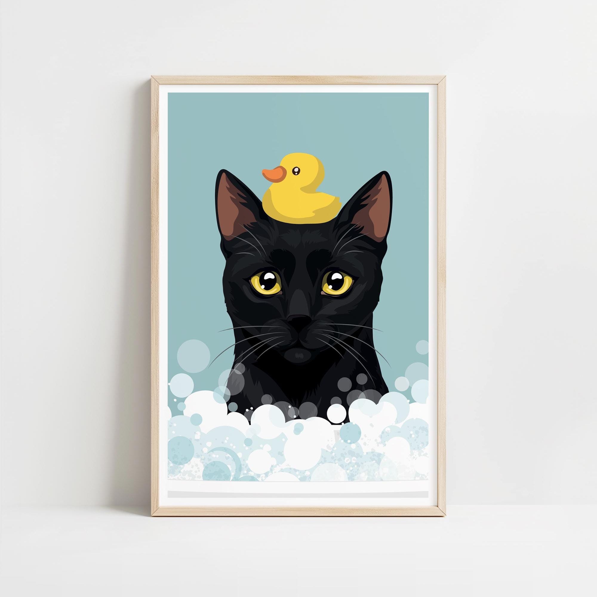 A framed illustration of a black cat with a yellow rubber duck perched on its head, surrounded by bubbles.