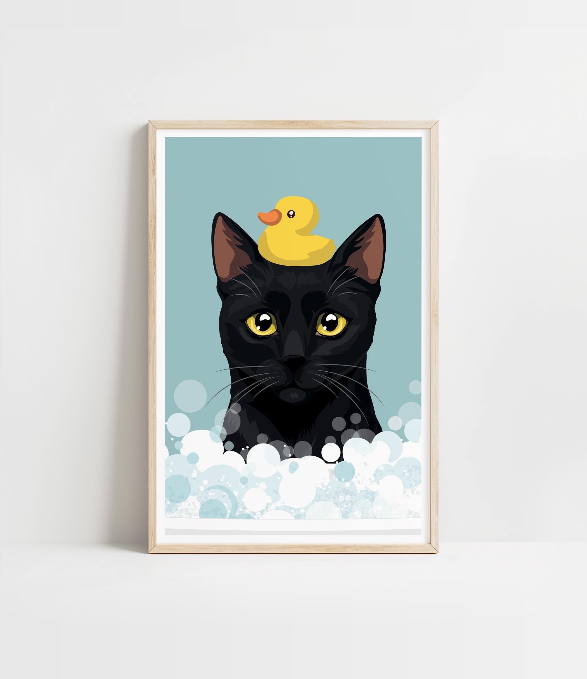 A framed illustration of a black cat with a yellow rubber duck perched on its head, surrounded by bubbles.