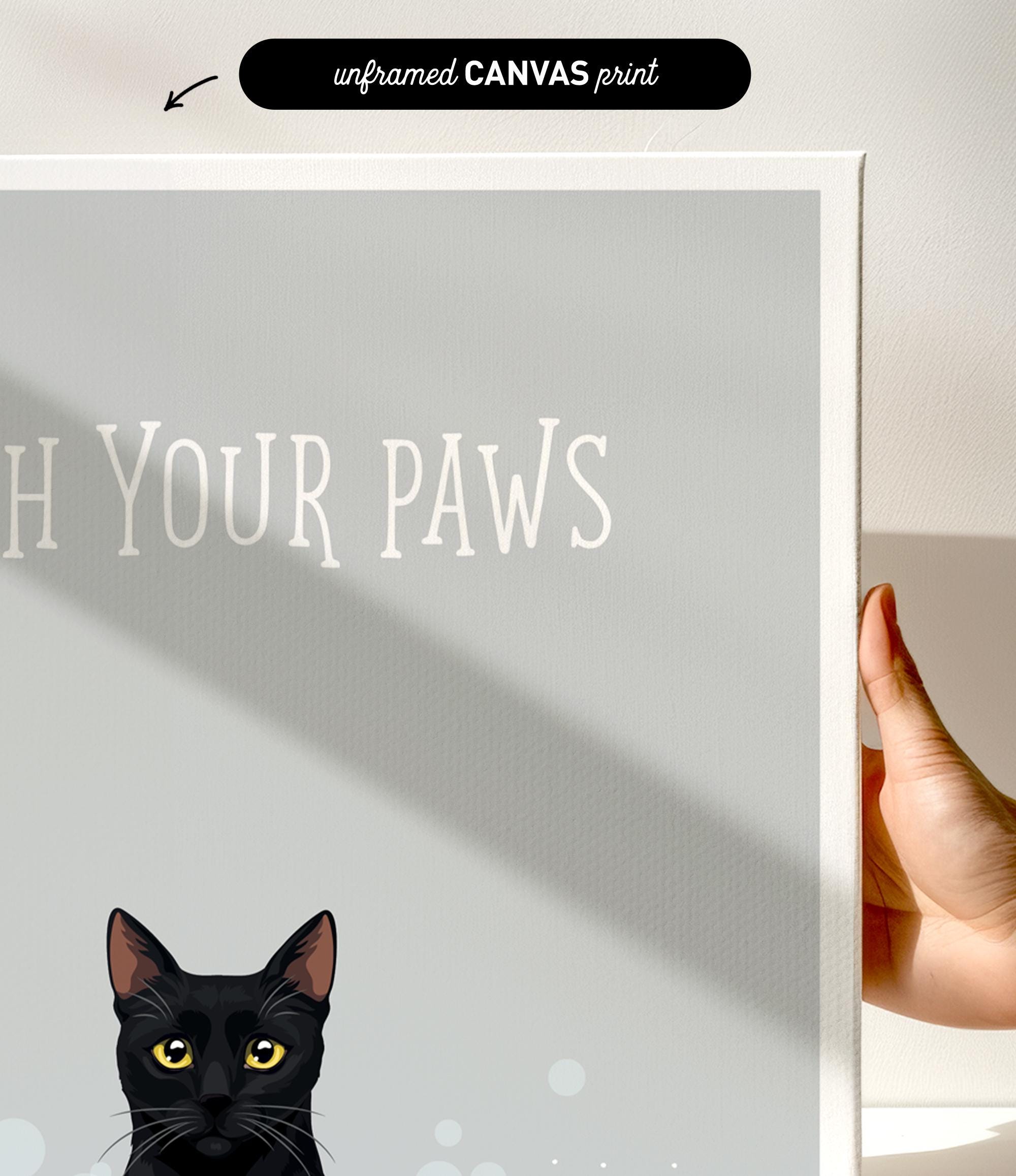 a black cat with yellow eyes, and the text "Witch Your Paws" is displayed on a white background.