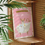 A pink poster with a cartoon image of a dog sitting in a bathtub, accompanied by the text "Please don't forget to wash your paws".