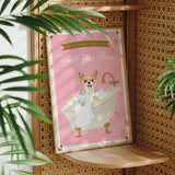 A pink poster with a cartoon image of a dog sitting in a bathtub, accompanied by the text "Please don't forget to wash your paws".