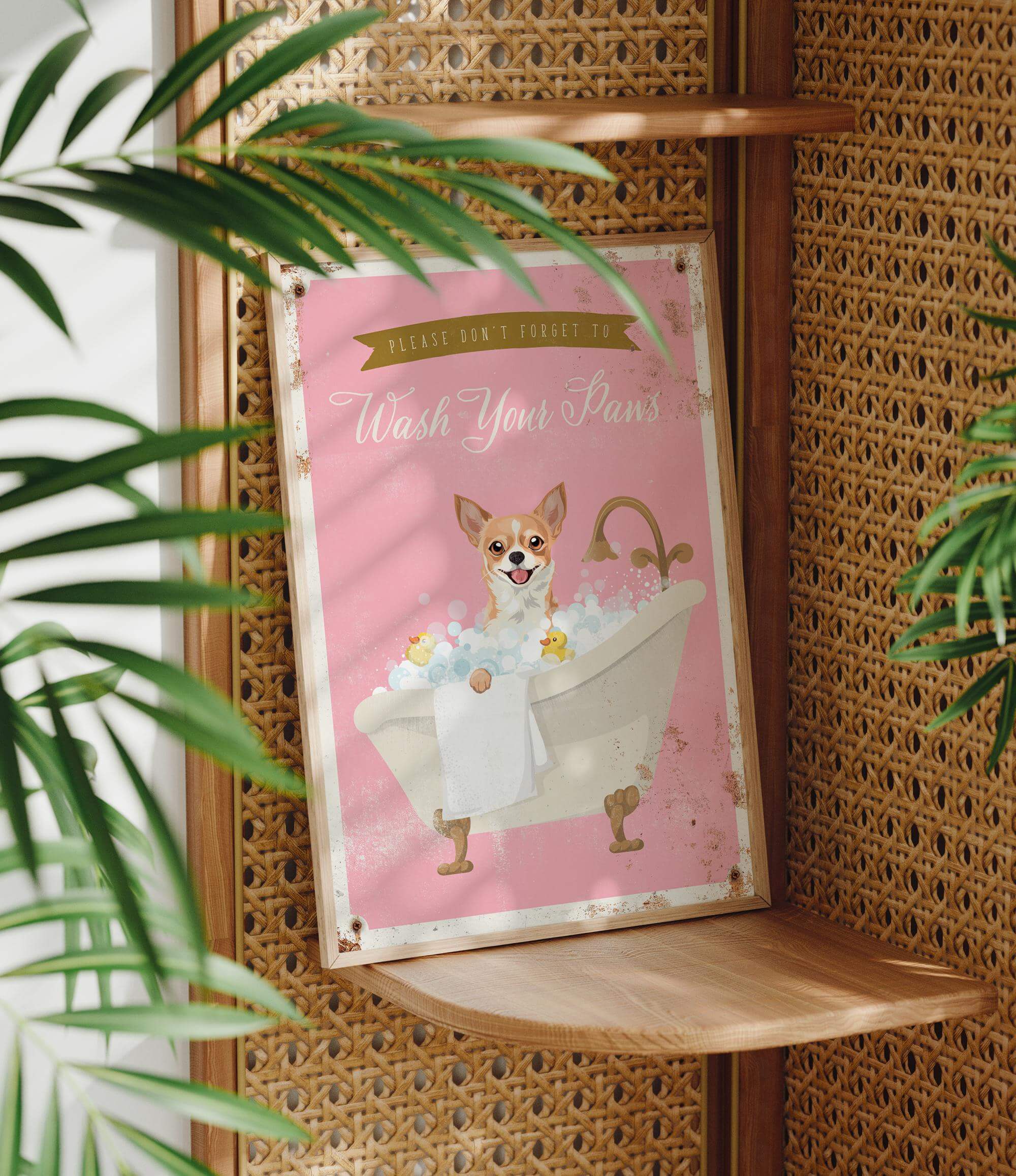 A pink poster with a cartoon image of a dog sitting in a bathtub, accompanied by the text "Please don't forget to wash your paws".