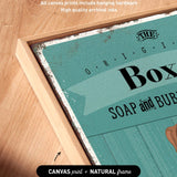 a close-up view of a framed artwork with a teal background and text that reads "SOAP and BUB".