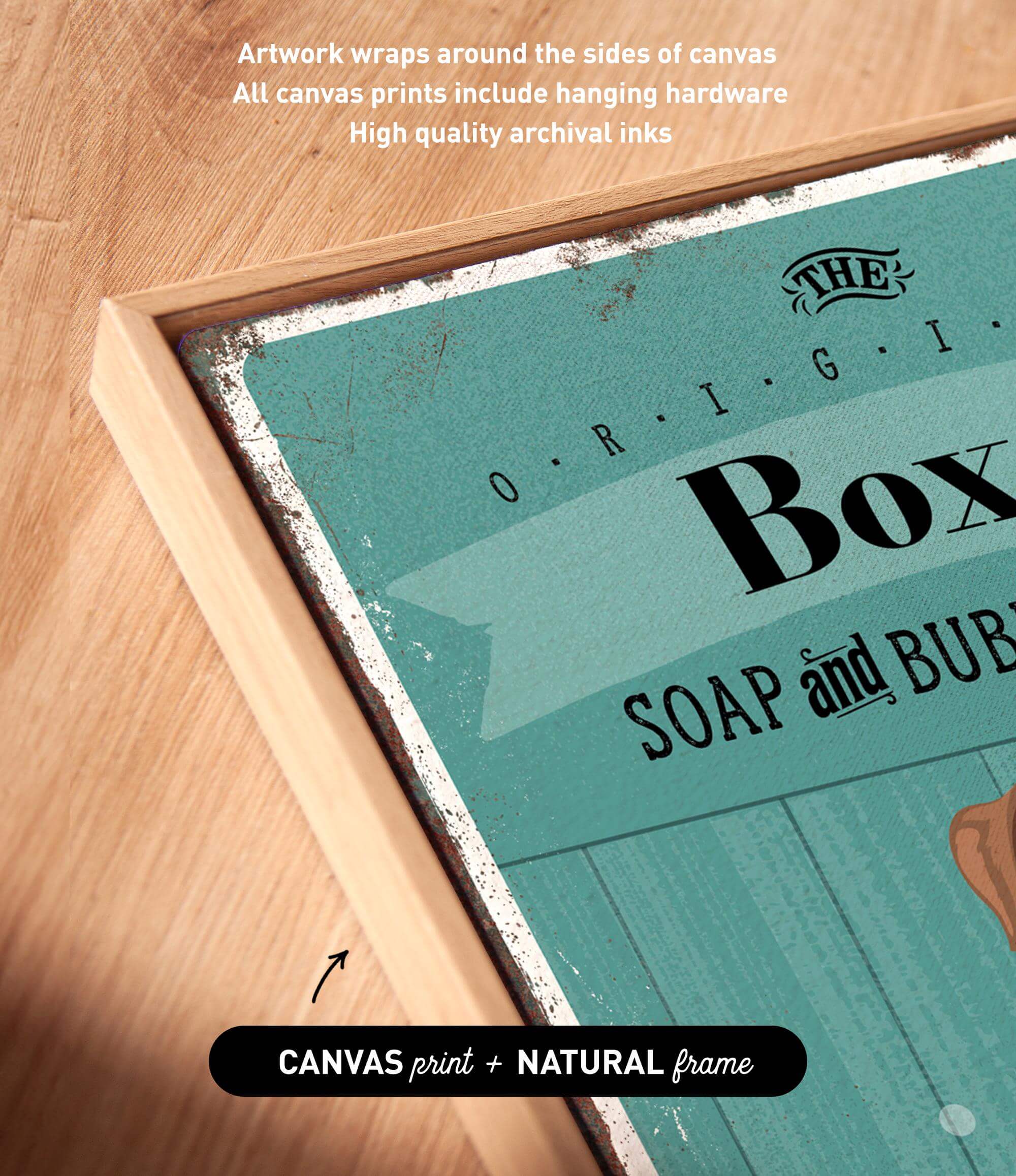a close-up view of a framed artwork with a teal background and text that reads "SOAP and BUB".