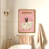 A framed poster with a dog sitting in a bathtub, accompanied by the text "Please don't forget to wash your paws" in a pink and gold color scheme.