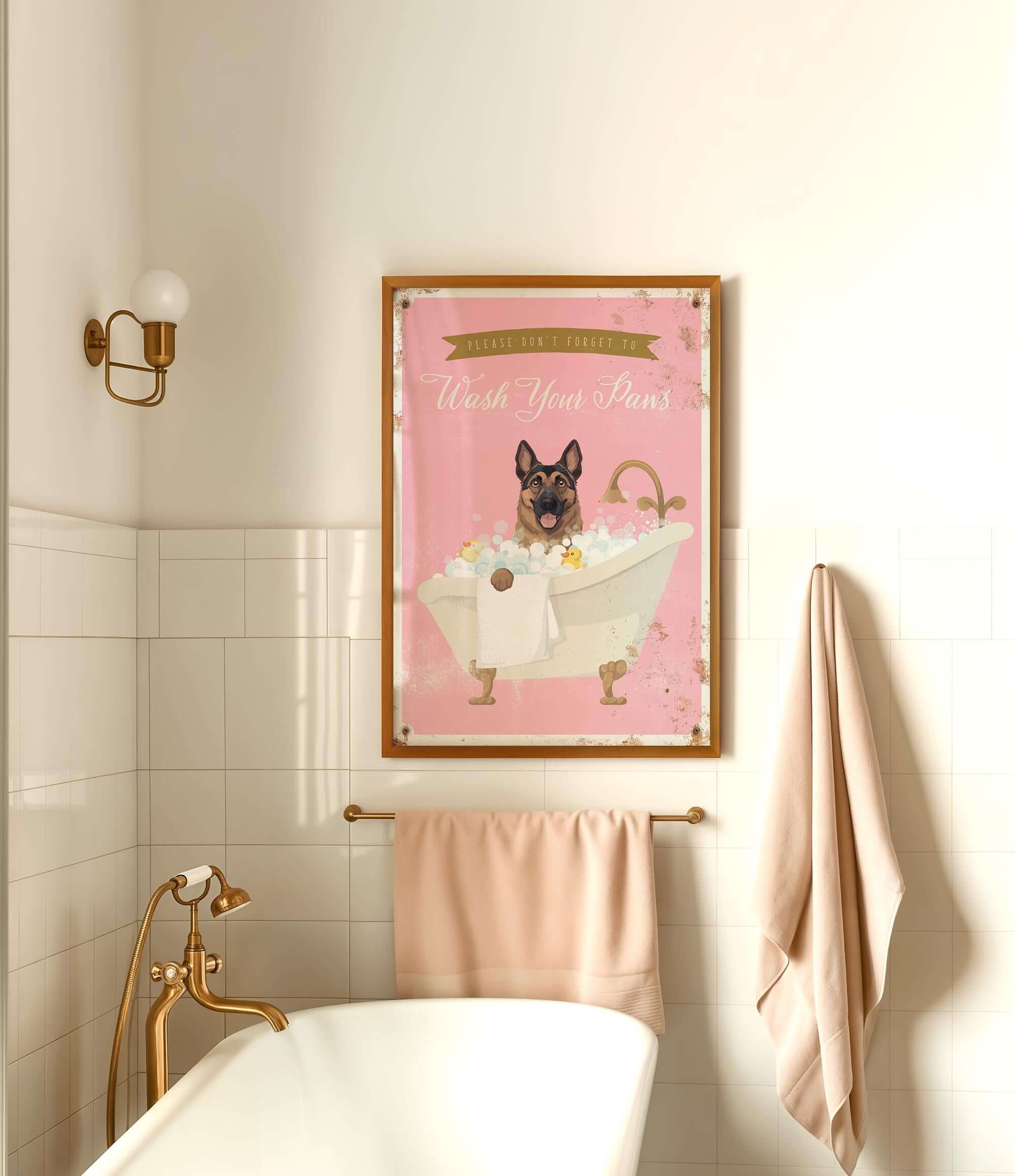 A framed poster with a dog sitting in a bathtub, accompanied by the text "Please don't forget to wash your paws" in a pink and gold color scheme.