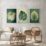 a cozy living room with a wicker chair, a coffee table, and three framed botanical leaf art pieces on the wall.