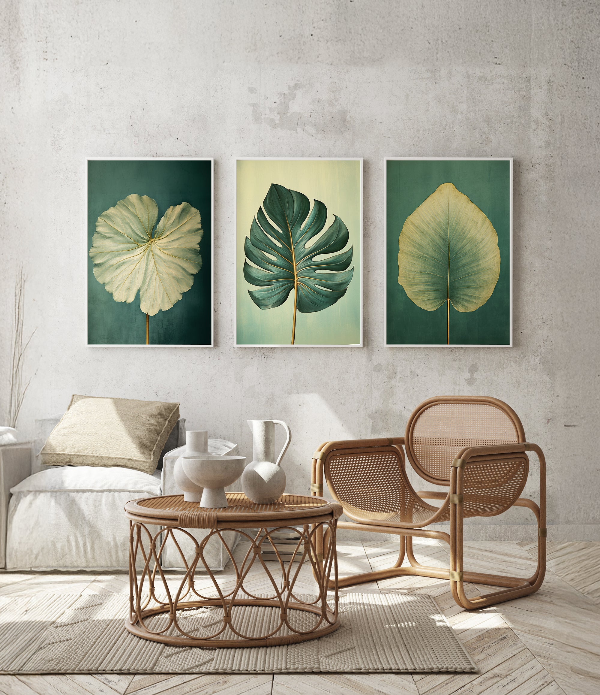 a cozy living room with a wicker chair, a coffee table, and three framed botanical leaf art pieces on the wall.