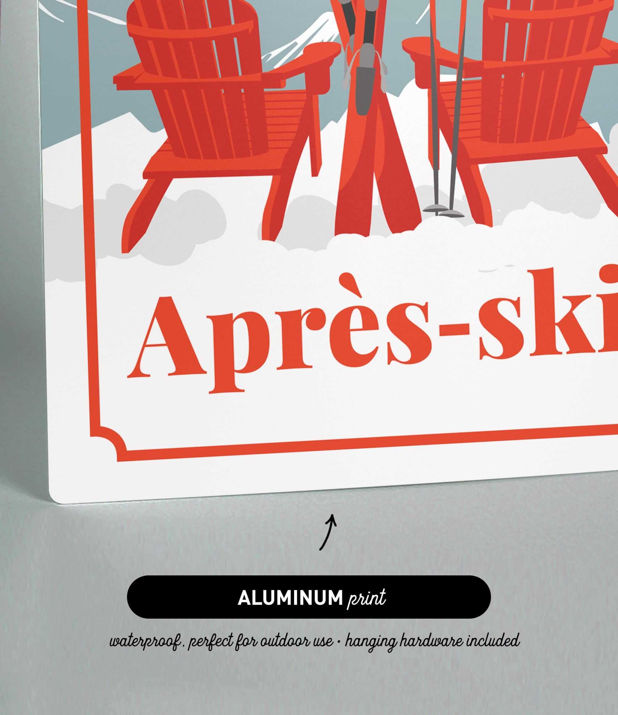 The image is a poster with a red chair and skis, and it is an aluminum print.
