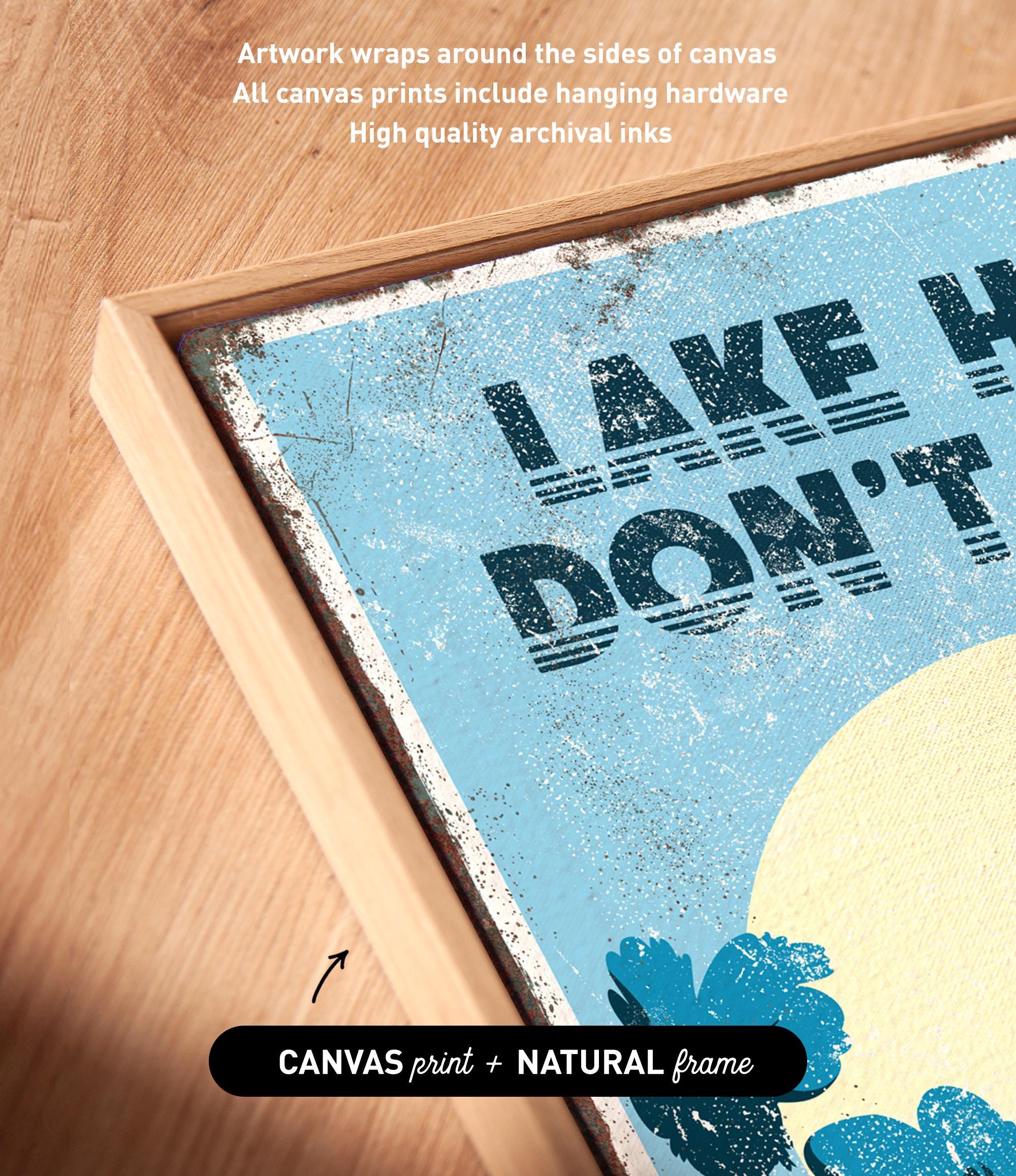 The image is a framed print with a blue background and the text "LAKES HIGHLY" prominently displayed.