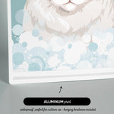 The image is an illustration of a cat with a bubble-like background, depicting a close-up view of the cat's face.